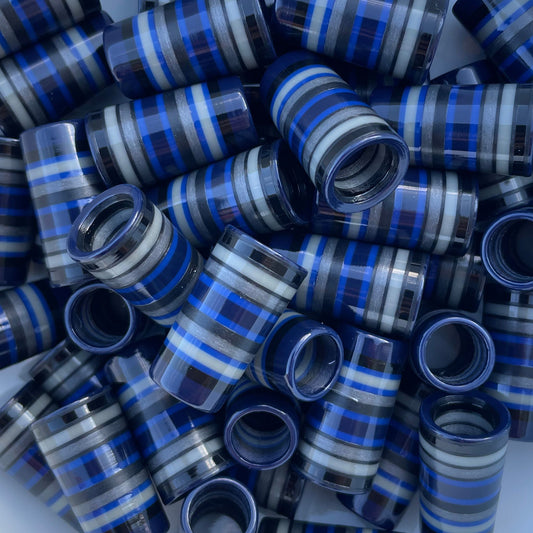 Black, Gray, Silver, Navy Blue, and Royal Blue striped 3D-printed golf ferrules 
