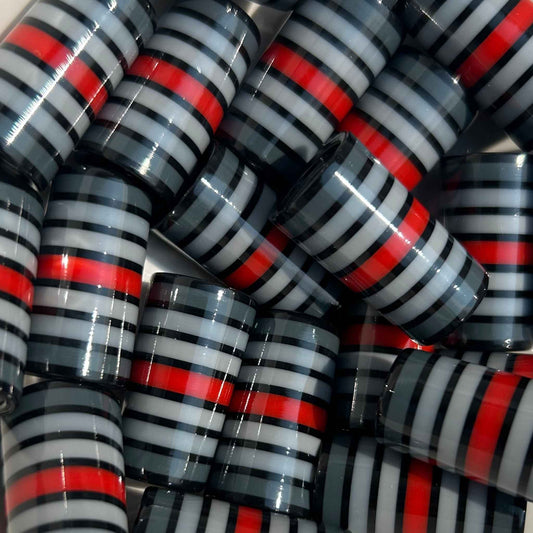 black, gray, and red golf ferrules, 3D-printed with uniform stripe pattern.