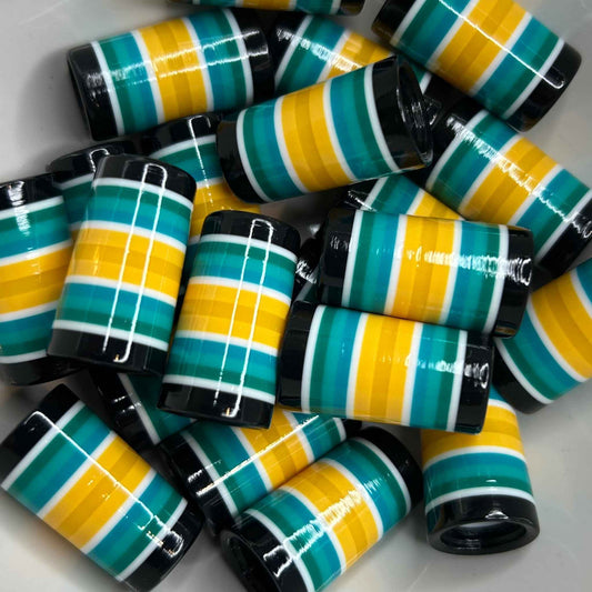 black, white, teal, blue, and yellow golf ferrules