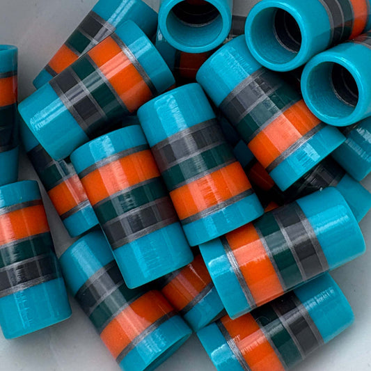 custom golf ferrules in teal, green, silver, orange, and gray