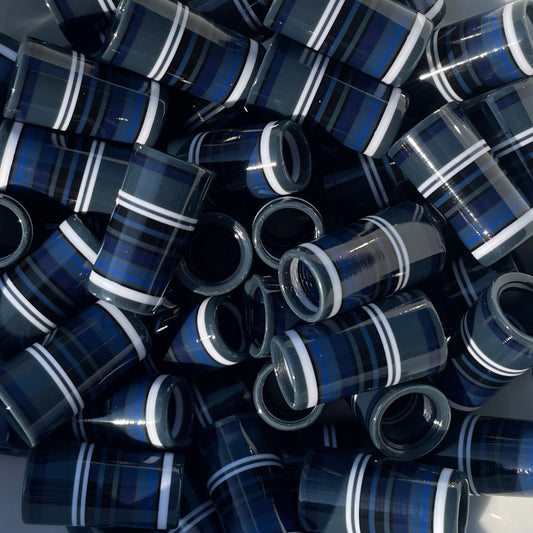 Golf ferrules with a gray-blue base and black, white, navy and royal blue stripes