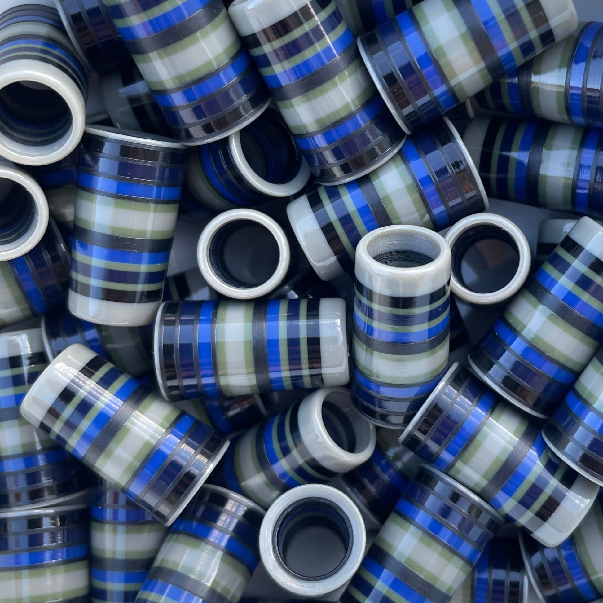 3D-printed golf ferrules with Gray, Black, Navy Blue, Royal Blue and Army Green stripes