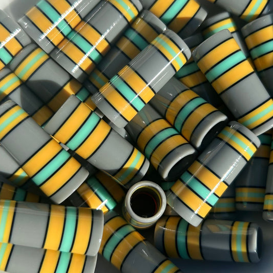 gray, yellow, teal, and black striped custom golf ferrules