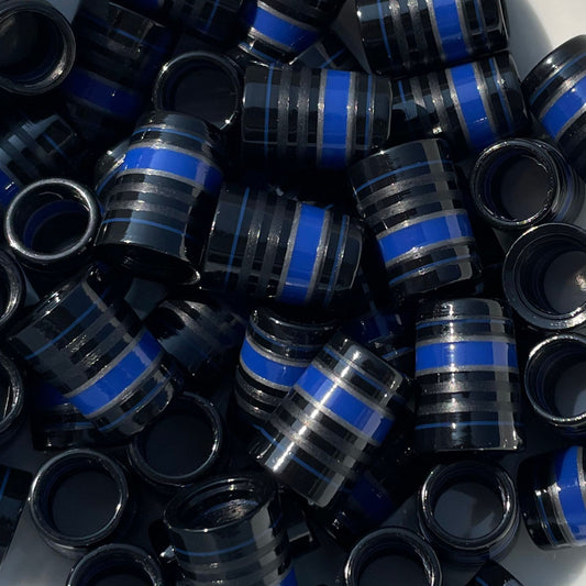 Matte black and glossy black custom golf ferrules with a royal blue stripe