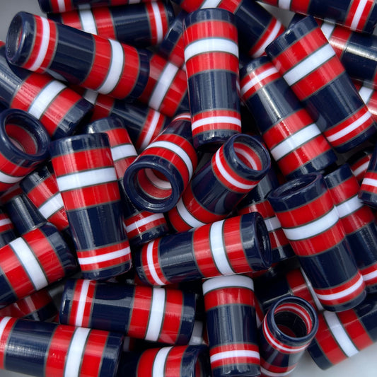 red, white, navy blue, and silver custom golf ferrules