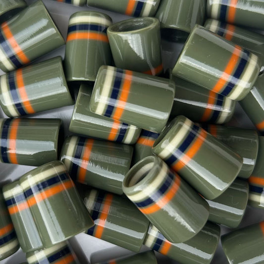 army green 3D-printed golf ferrules with orange, navy, and cream stripes