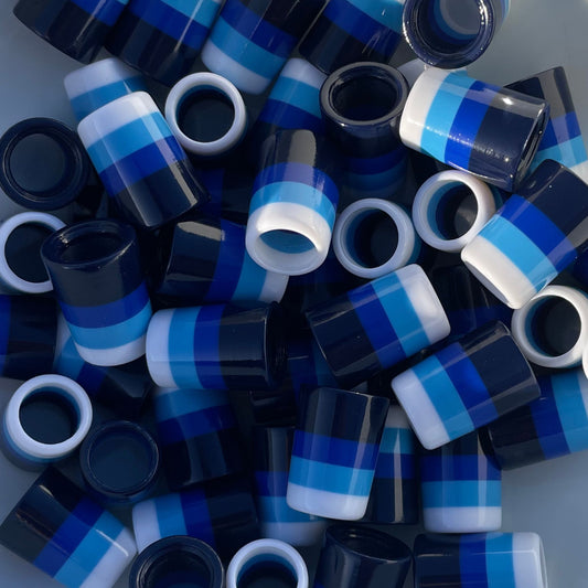 custom golf ferrules with a navy blue base and navy, sky blue, and white stripes