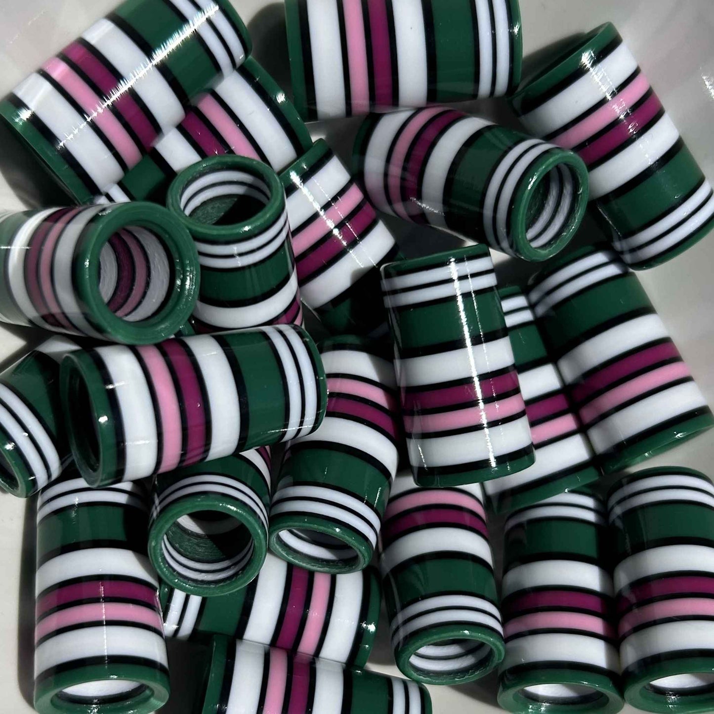 striped 3D-printed golf ferrules in white, green, and pink