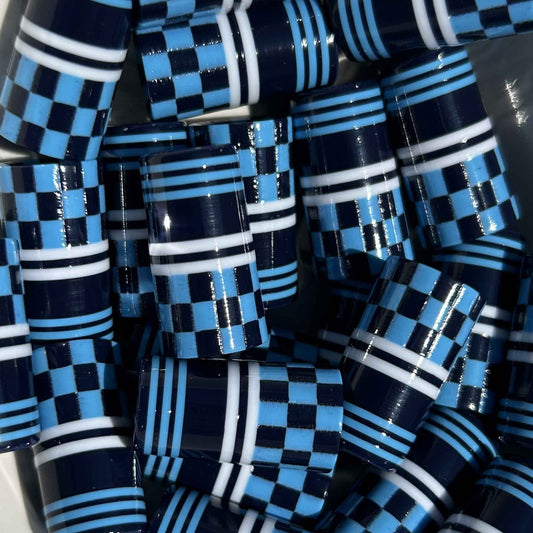 checker-patterned 3d-printed golf ferrules in navy, light blue, and white