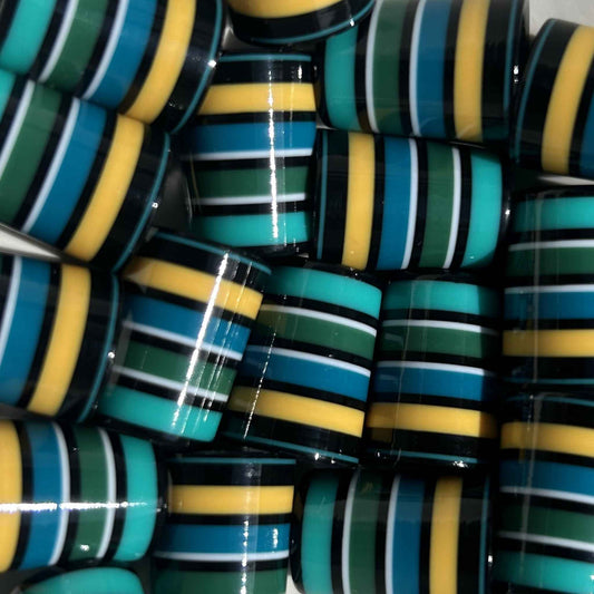 blue, teal, yellow, black, and white golf ferrules with thick stripes