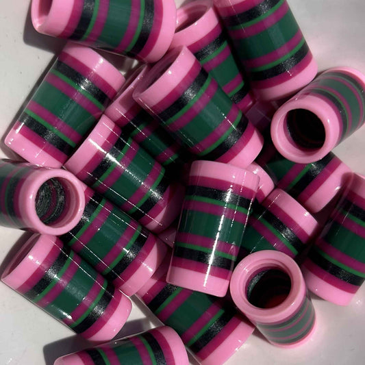 pink and green golf ferrules, 3D-printed and striped