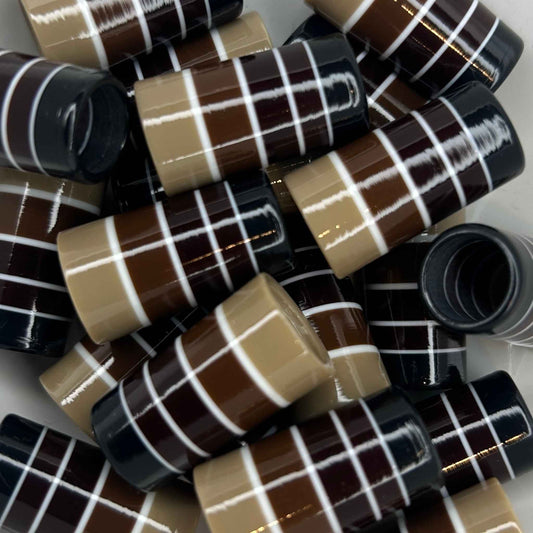 ombre golf ferrules, with a beige base to brown to dark brown to black, separated by thin white stripes