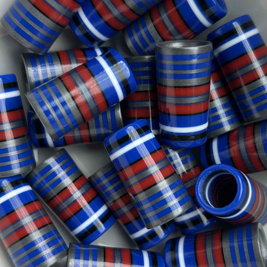 red, white, and blue golf ferrules with a silver background and a touch of black