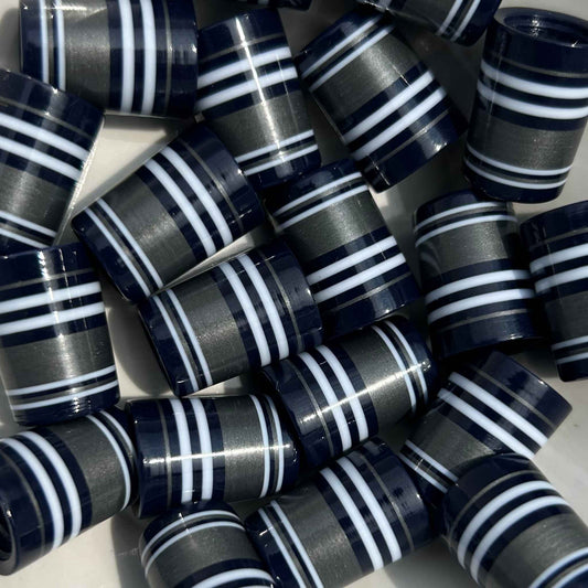 Navy blue, silver, and white golf ferrules, 3D-printed.