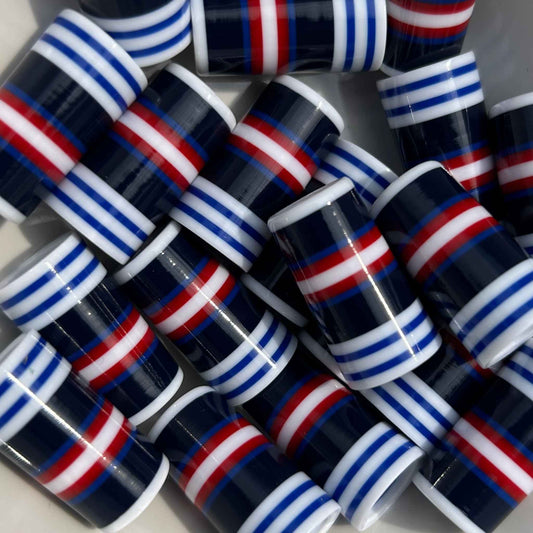 red, white, and blue striped golf ferrules with various shades of blue.