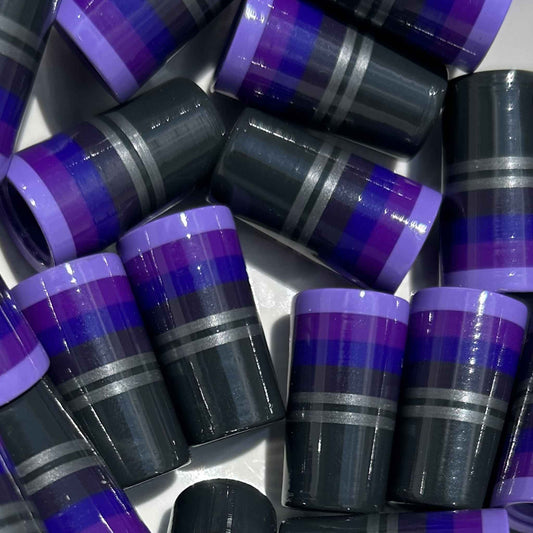 Gray and purple golf ferrules with two silver stripes.