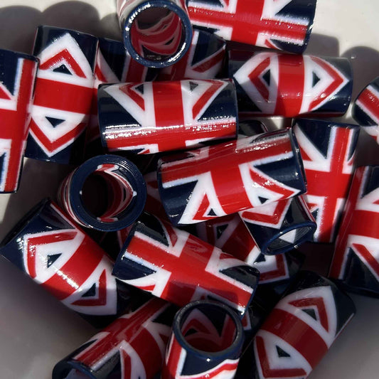 red, white, and blue golf ferrules in the pattern of the union jack