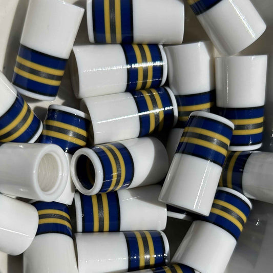 white golf ferrules with blue, yellow, and silver stripes at the top